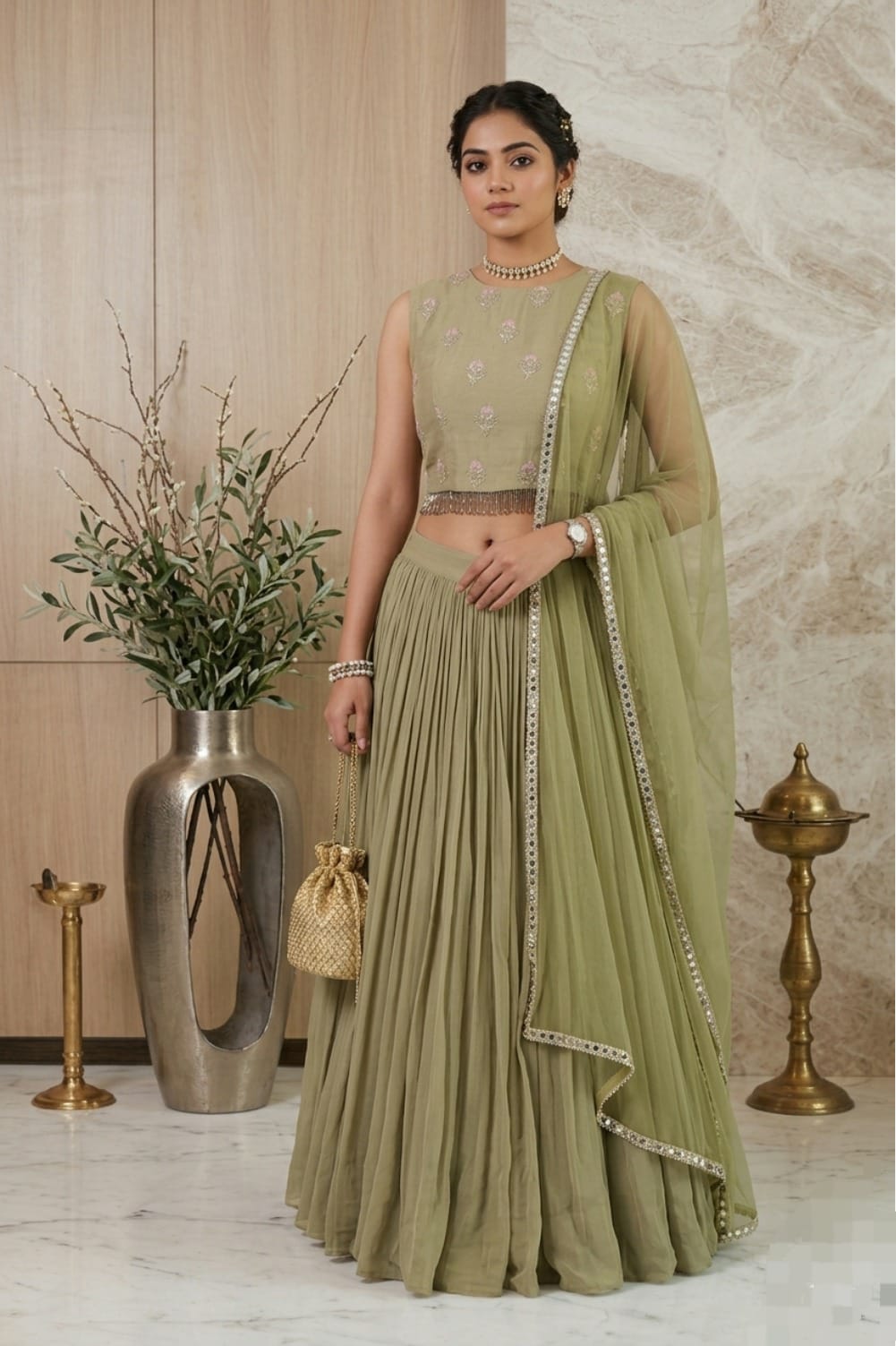 Sage Green Embroidered Lehenga Set With Dupatta