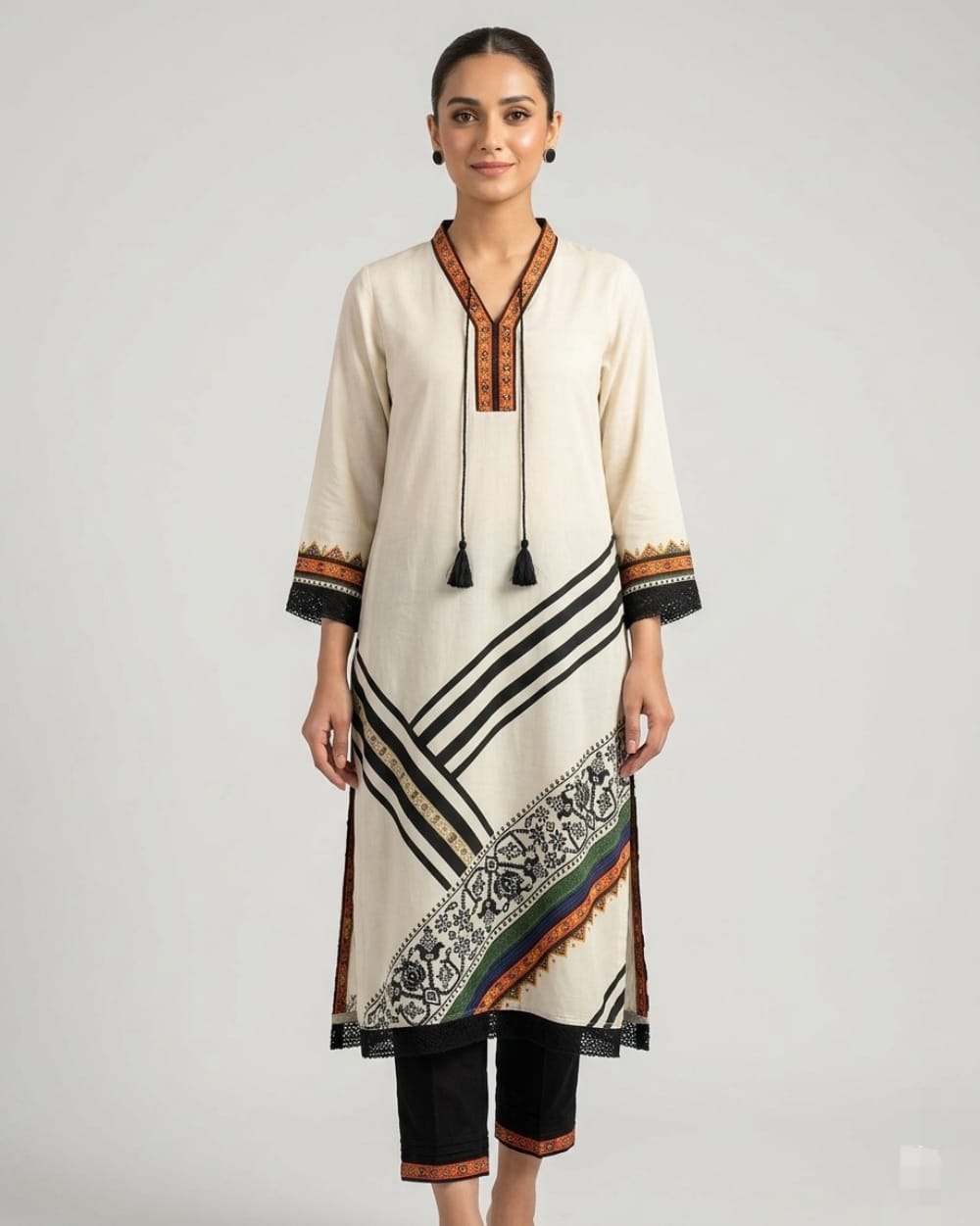 Beige Printed Straight Kurta Set
