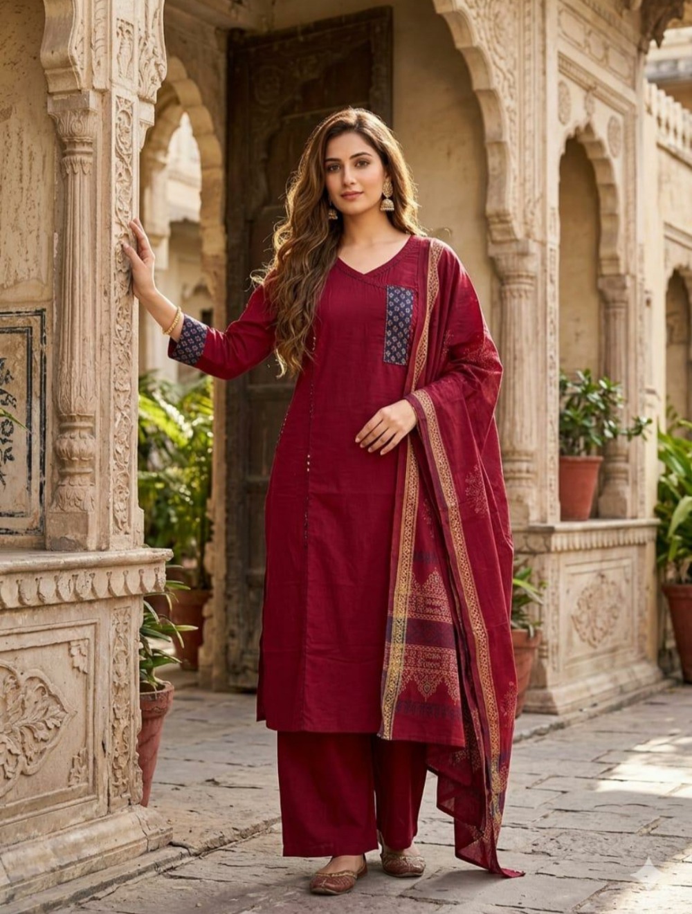 Maroon Straight Kurta Set With Dupatta