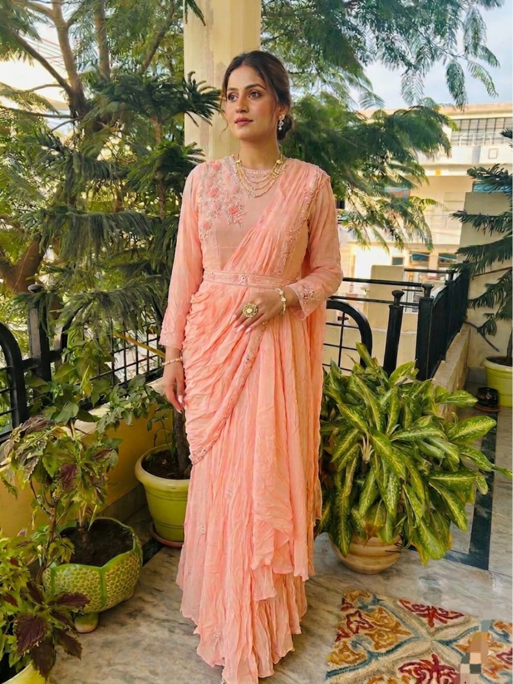 Peach Embroidered Drape Saree Gown