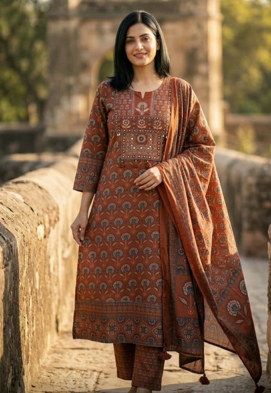 Rust Brown Printed Kurta Set With Dupatta