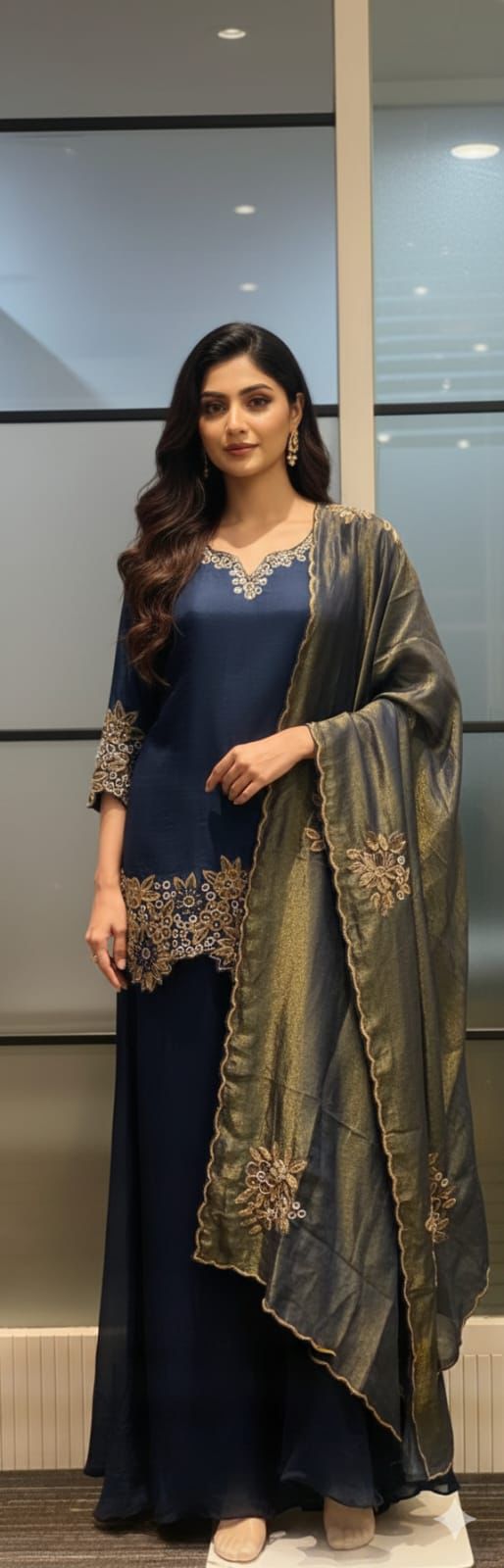 Midnight Blue Embroidered Kurta Set With Organza Dupatta