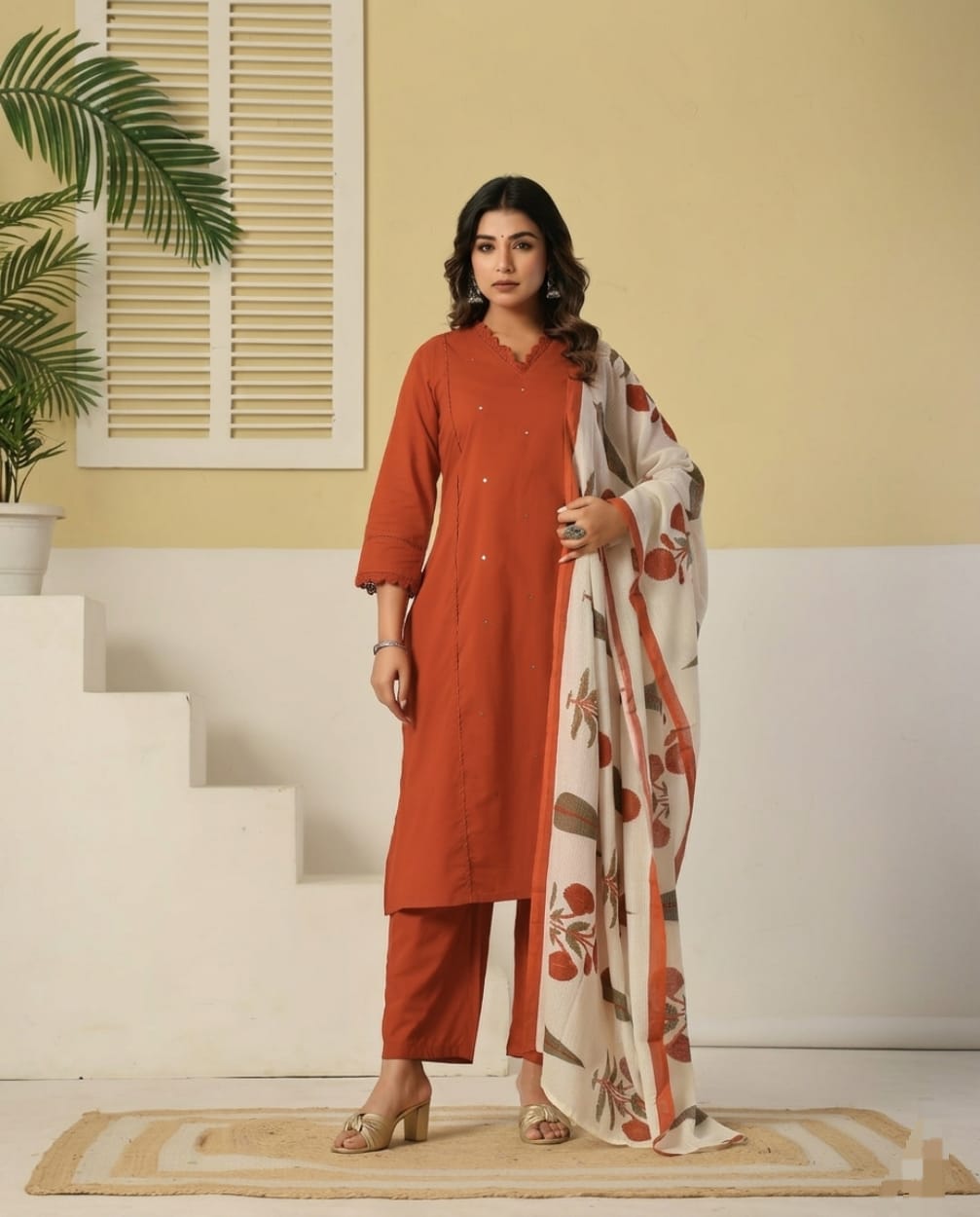 Rust Straight Kurta Set With Printed Dupatta