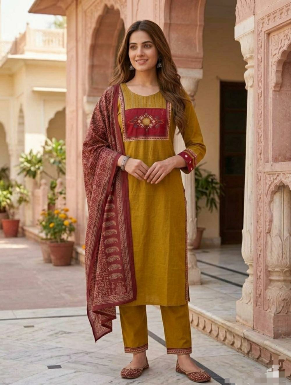 Mustard Printed Kurta Set With Dupatta