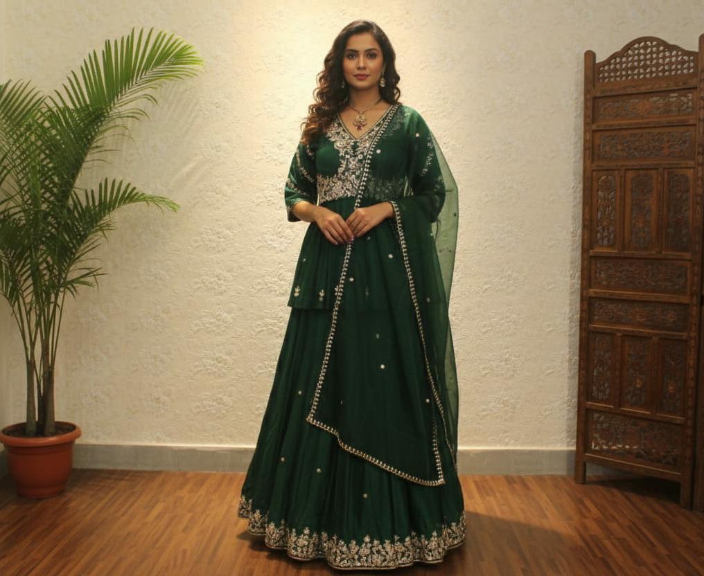 Emerald Green Embroidered Lehenga Set With Dupatta