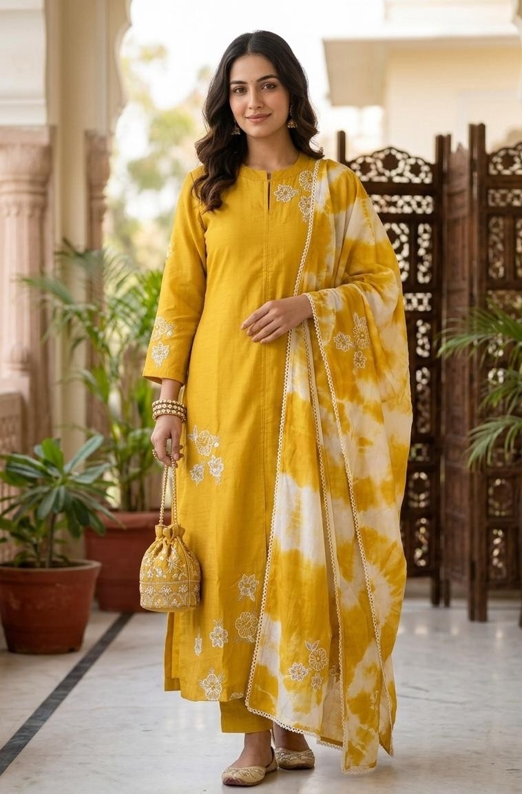 Mustard Yellow Embroidered Kurta Set With Tie-Dye Dupatta